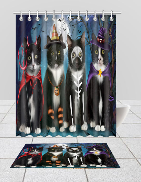 Halloween Trick or Teat Tuxedo Cats  Bath Mat and Shower Curtain Combo