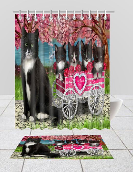 I Love Tuxedo Cats in a Cart Bath Mat and Shower Curtain Combo