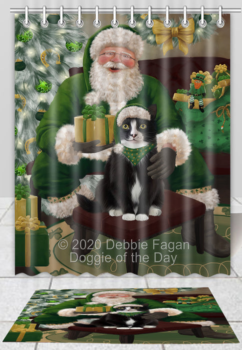 Christmas Irish Santa with Gift Tuxedo Cat Bath Mat and Shower Curtain Combo