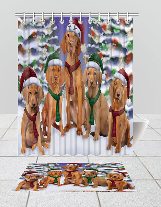 Vizsla Dogs Christmas Family Portrait in Holiday Scenic Background  Bath Mat and Shower Curtain Combo