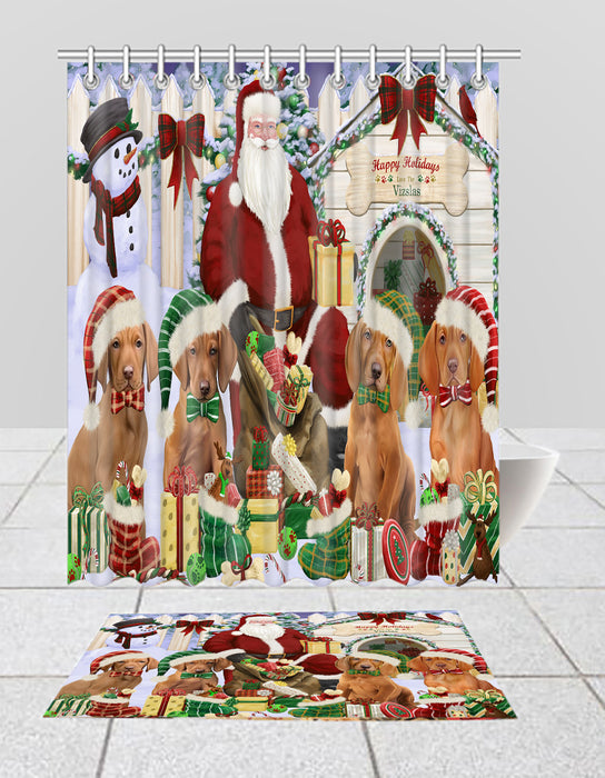 Happy Holidays Christmas Vizsla Dogs House Gathering Bath Mat and Shower Curtain Combo