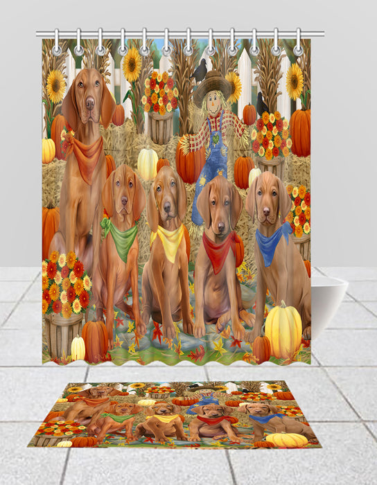 Fall Festive Harvest Time Gathering Vizsla Dogs Bath Mat and Shower Curtain Combo