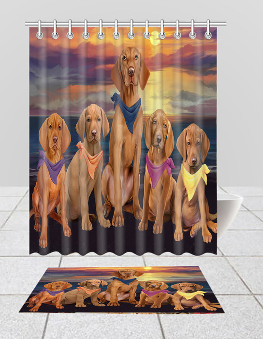 Family Sunset Portrait Vizsla Dogs Bath Mat and Shower Curtain Combo