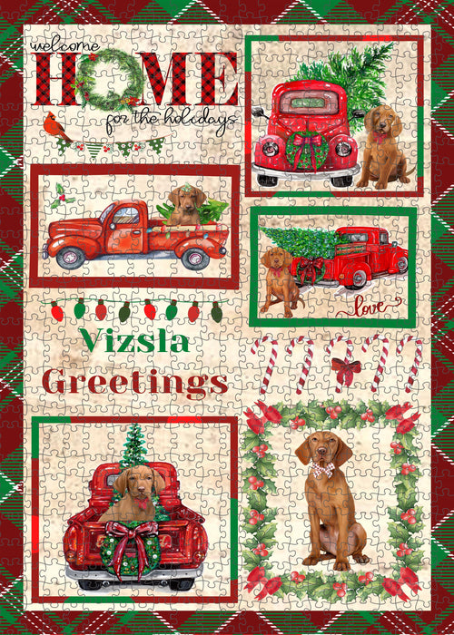 Welcome Home for Christmas Holidays Vizsla Dogs Portrait Jigsaw Puzzle for Adults Animal Interlocking Puzzle Game Unique Gift for Dog Lover's with Metal Tin Box