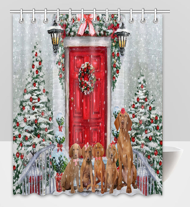 Christmas Holiday Welcome Vizsla Dogs Shower Curtain Pet Painting Bathtub Curtain Waterproof Polyester One-Side Printing Decor Bath Tub Curtain for Bathroom with Hooks