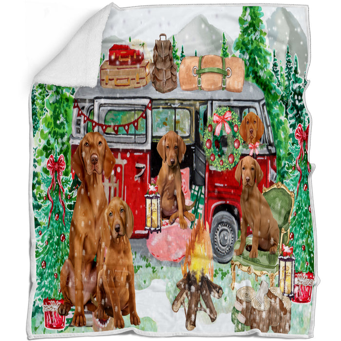 Christmas Time Camping with Vizsla Dogs Blanket - Lightweight Soft Cozy and Durable Bed Blanket - Animal Theme Fuzzy Blanket for Sofa Couch