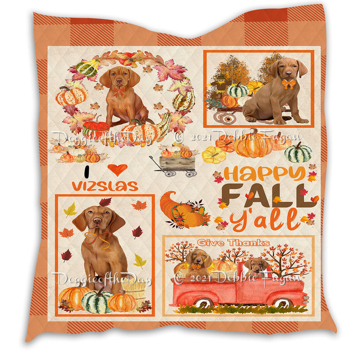 Happy Fall Y'all Pumpkin Vizsla Dogs Quilt Bed Coverlet Bedspread - Pets Comforter Unique One-side Animal Printing - Soft Lightweight Durable Washable Polyester Quilt