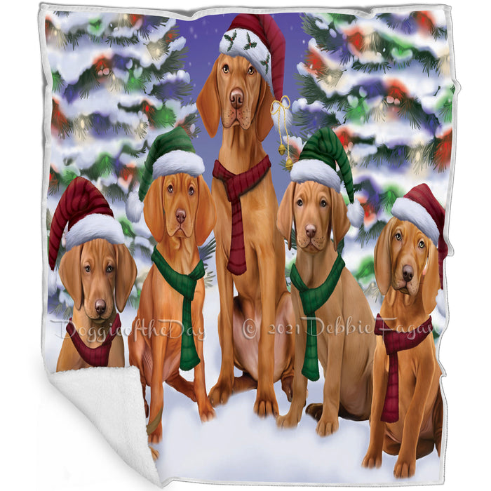 Vizsla Dog Christmas Family Portrait in Holiday Scenic Background Art Portrait Print Woven Throw Sherpa Plush Fleece Blanket