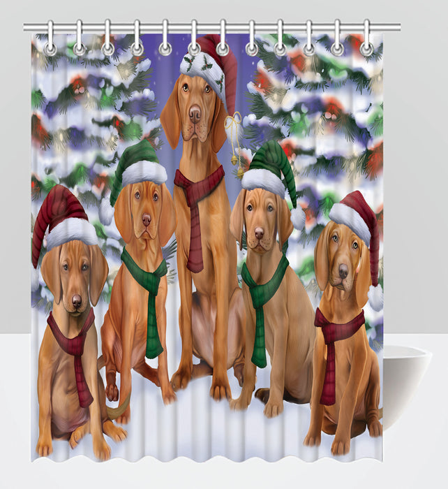Vizsla Dogs Christmas Family Portrait in Holiday Scenic Background Shower Curtain