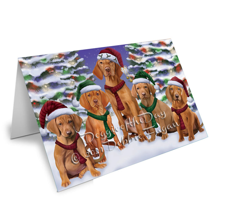 Christmas Family Portrait Vizsla Dog Handmade Artwork Assorted Pets Greeting Cards and Note Cards with Envelopes for All Occasions and Holiday Seasons