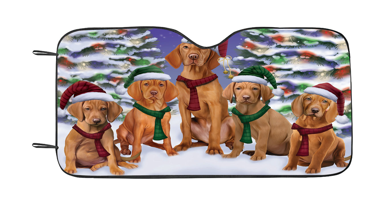 Vizsla Dogs Christmas Family Portrait in Holiday Scenic Background Car Sun Shade