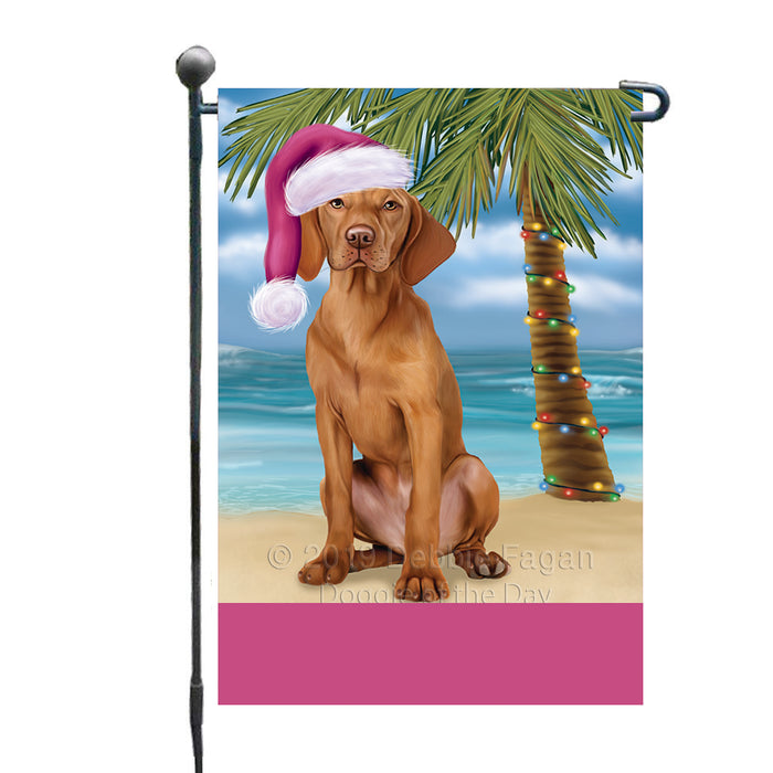 Personalized Summertime Happy Holidays Christmas Vizsla Dog on Tropical Island Beach  Custom Garden Flags GFLG-DOTD-A60545