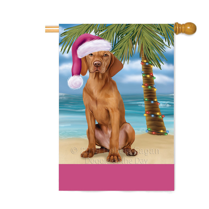 Personalized Summertime Happy Holidays Christmas Vizsla Dog on Tropical Island Beach Custom House Flag FLG-DOTD-A60601