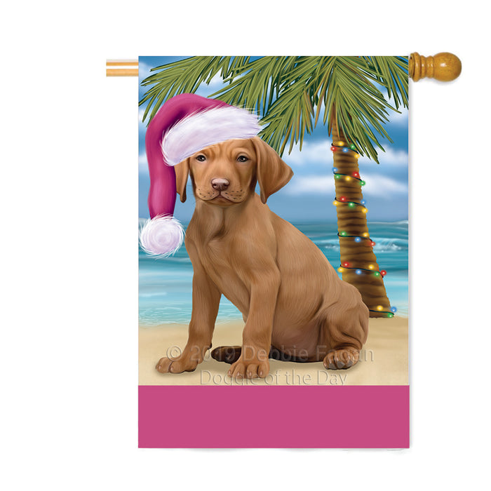 Personalized Summertime Happy Holidays Christmas Vizsla Dog on Tropical Island Beach Custom House Flag FLG-DOTD-A60602