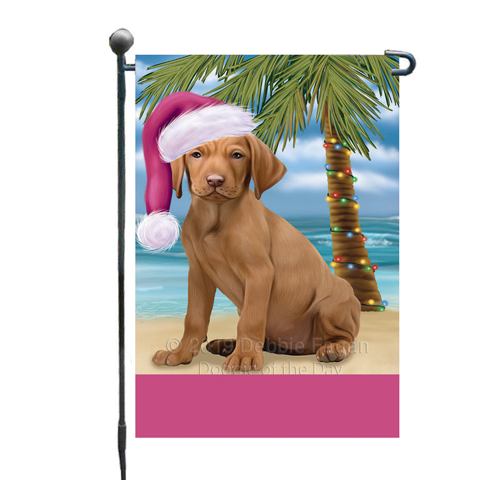 Personalized Summertime Happy Holidays Christmas Vizsla Dog on Tropical Island Beach  Custom Garden Flags GFLG-DOTD-A60546