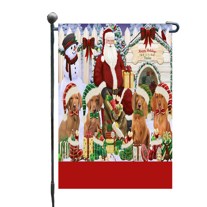 Personalized Happy Holidays Christmas Vizsla Dogs House Gathering Custom Garden Flags GFLG-DOTD-A58565