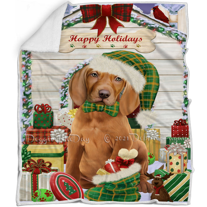 Happy Holidays Christmas Vizsla Dog House with Presents Blanket BLNKT80472