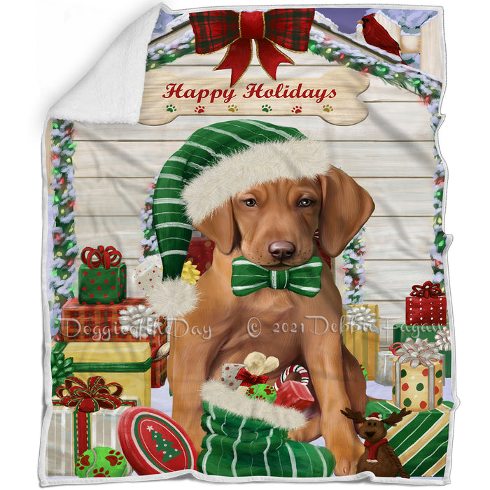 Happy Holidays Christmas Vizsla Dog House with Presents Blanket BLNKT80481