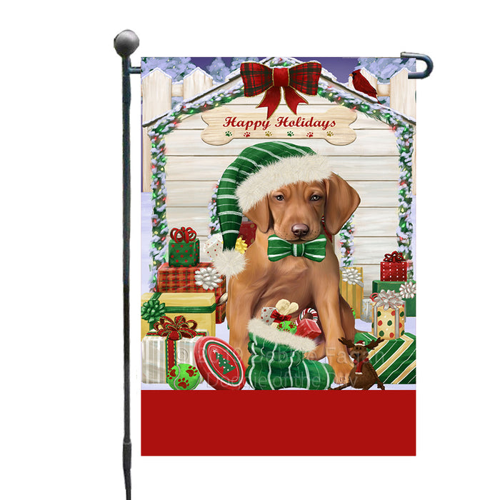 Personalized Happy Holidays Christmas Vizsla Dog House with Presents Custom Garden Flags GFLG-DOTD-A59389