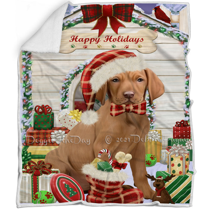 Happy Holidays Christmas Vizsla Dog House with Presents Blanket BLNKT80490
