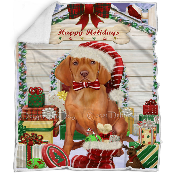 Happy Holidays Christmas Vizsla Dog House with Presents Blanket BLNKT80499