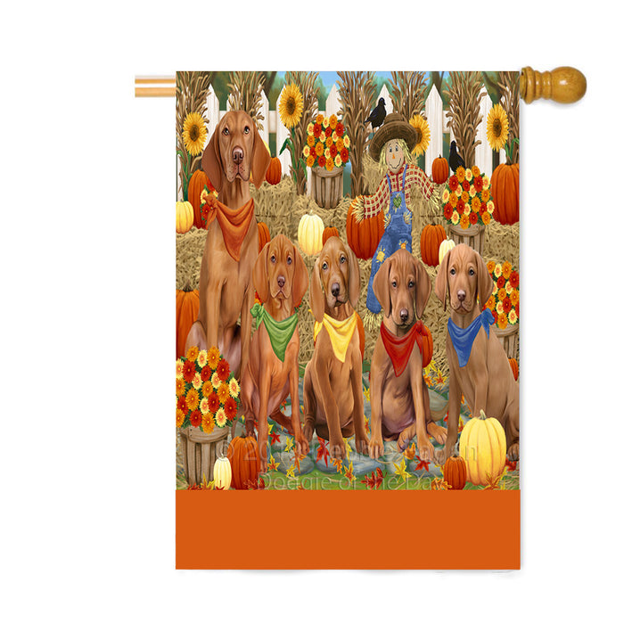 Personalized Fall Festive Gathering Vizsla Dogs with Pumpkins Custom House Flag FLG-DOTD-A62146