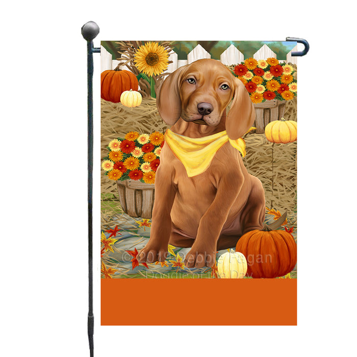 Personalized Fall Autumn Greeting Vizsla Dog with Pumpkins Custom Garden Flags GFLG-DOTD-A62091