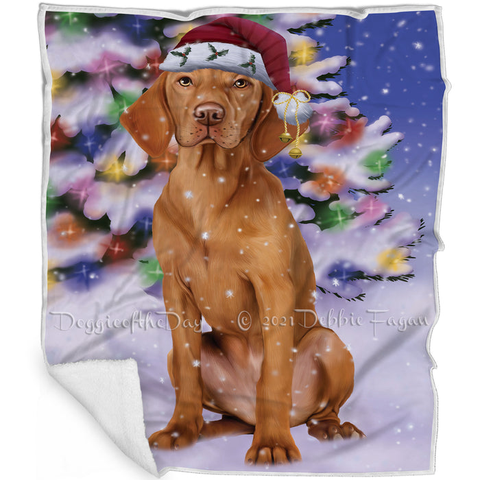 Winterland Wonderland Vizsla Dog In Christmas Holiday Scenic Background Blanket