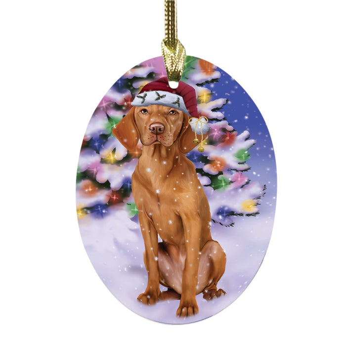 Winterland Wonderland Vizsla Dog In Christmas Holiday Scenic Background Oval Glass Christmas Ornament OGOR49653