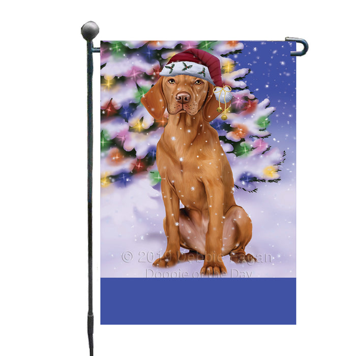 Personalized Winterland Wonderland Vizsla Dog In Christmas Holiday Scenic Background Custom Garden Flags GFLG-DOTD-A61432
