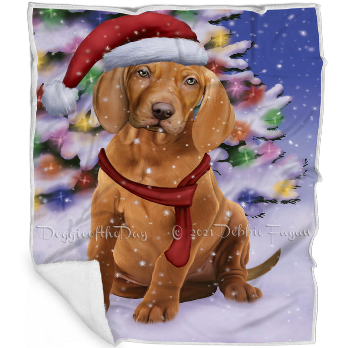 Winterland Wonderland Vizsla Puppy Dog In Christmas Holiday Scenic Background Blanket