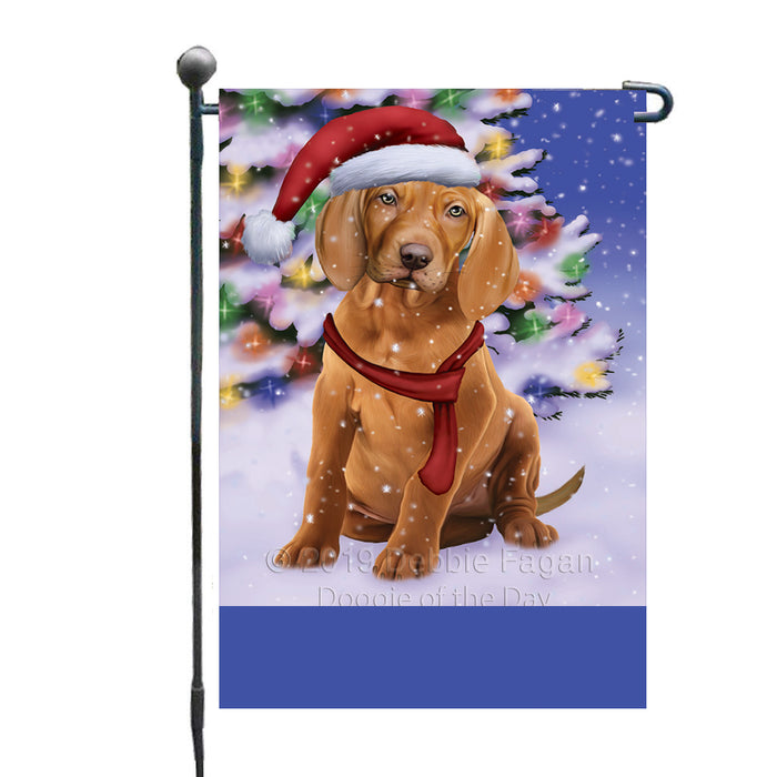Personalized Winterland Wonderland Vizsla Dog In Christmas Holiday Scenic Background Custom Garden Flags GFLG-DOTD-A61433