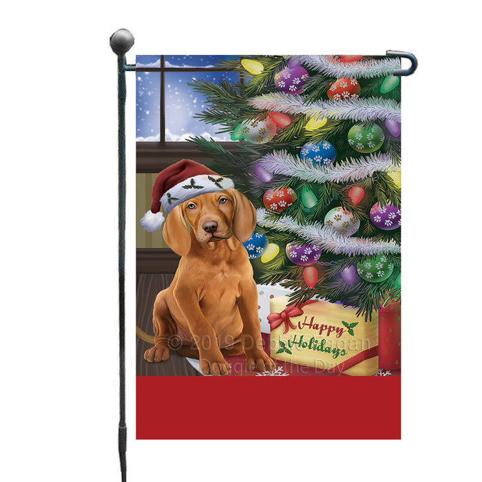 Personalized Christmas Happy Holidays Vizsla Dog with Tree and Presents Custom Garden Flags GFLG-DOTD-A58679