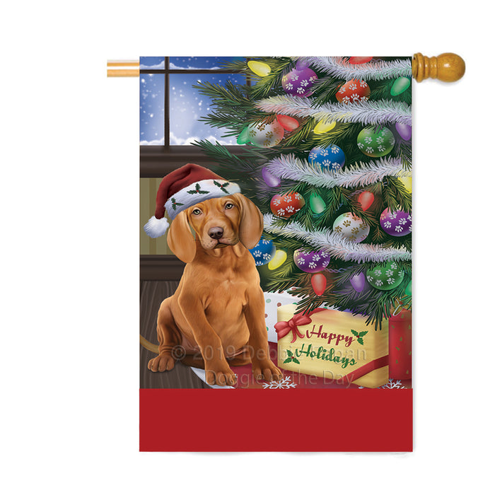 Personalized Christmas Happy Holidays Vizsla Dog with Tree and Presents Custom House Flag FLG-DOTD-A58735