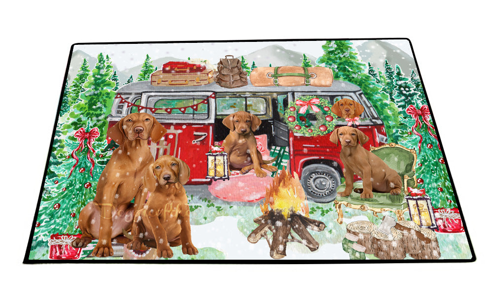 Christmas Time Camping with Vizsla Dogs Floor Mat- Anti-Slip Pet Door Mat Indoor Outdoor Front Rug Mats for Home Outside Entrance Pets Portrait Unique Rug Washable Premium Quality Mat