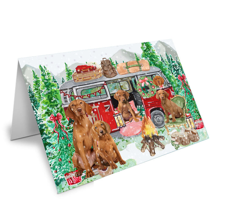 Christmas Time Camping with Vizsla Dogs Handmade Artwork Assorted Pets Greeting Cards and Note Cards with Envelopes for All Occasions and Holiday Seasons