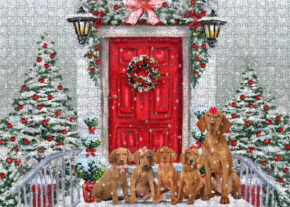 Christmas Holiday Welcome Vizsla Dogs Portrait Jigsaw Puzzle for Adults Animal Interlocking Puzzle Game Unique Gift for Dog Lover's with Metal Tin Box