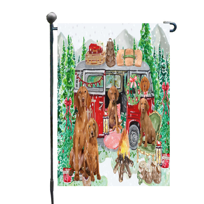 Christmas Time Camping with Vizsla Dogs Garden Flags- Outdoor Double Sided Garden Yard Porch Lawn Spring Decorative Vertical Home Flags 12 1/2"w x 18"h