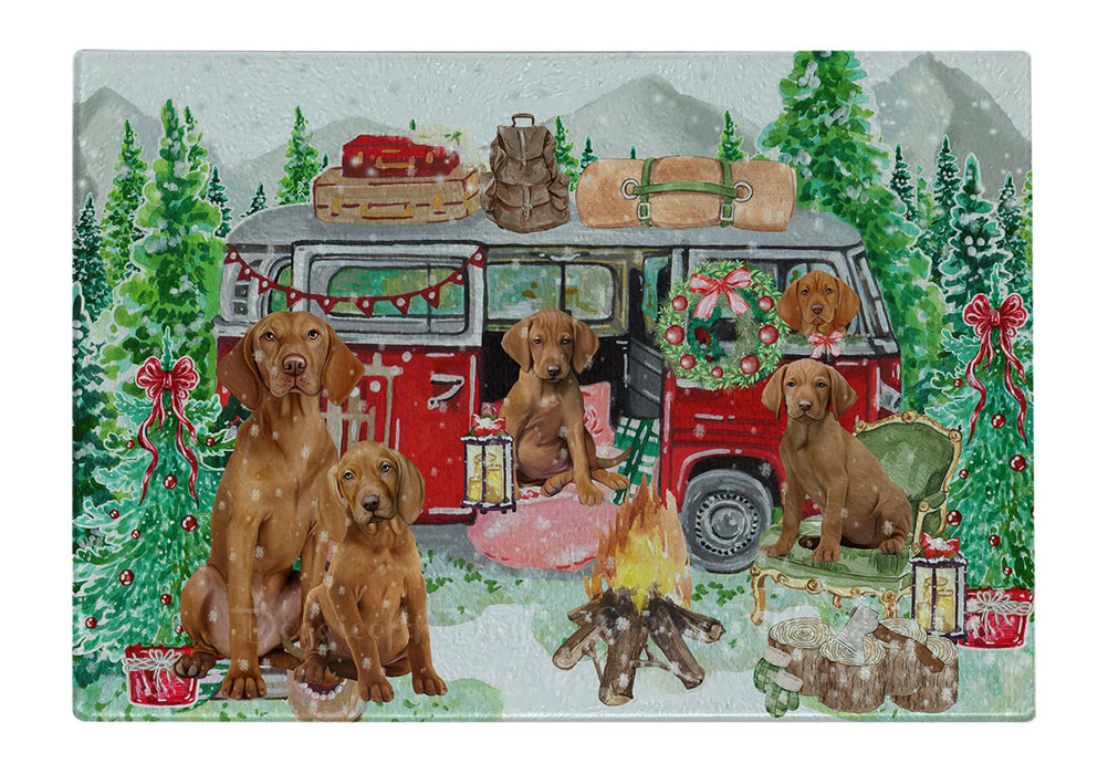 Christmas Time Camping with Vizsla Dogs Cutting Board - For Kitchen - Scratch & Stain Resistant - Designed To Stay In Place - Easy To Clean By Hand - Perfect for Chopping Meats, Vegetables
