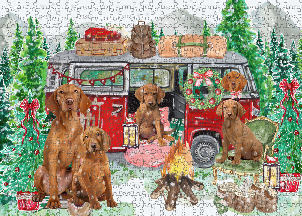 Christmas Time Camping with Vizsla Dogs Portrait Jigsaw Puzzle for Adults Animal Interlocking Puzzle Game Unique Gift for Dog Lover's with Metal Tin Box