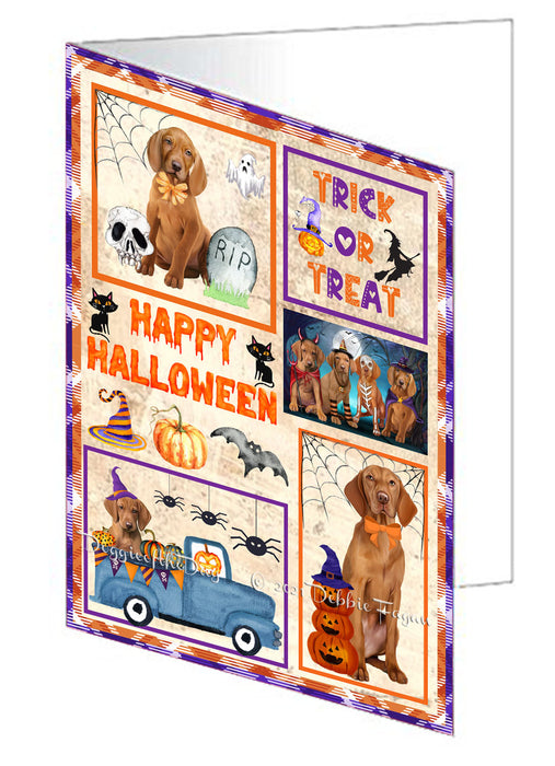 Happy Halloween Trick or Treat Vizsla Dogs Handmade Artwork Assorted Pets Greeting Cards and Note Cards with Envelopes for All Occasions and Holiday Seasons GCD76652