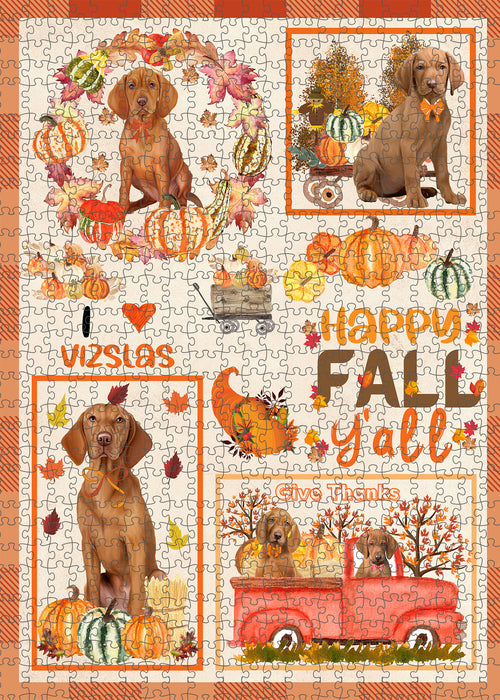 Happy Fall Y'all Pumpkin Vizsla Dogs Portrait Jigsaw Puzzle for Adults Animal Interlocking Puzzle Game Unique Gift for Dog Lover's with Metal Tin Box