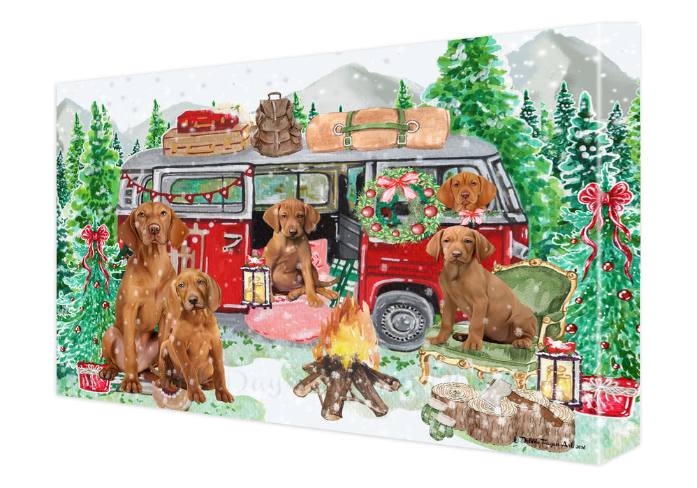 Christmas Time Camping with Vizsla Dogs Canvas Wall Art - Premium Quality Ready to Hang Room Decor Wall Art Canvas - Unique Animal Printed Digital Painting for Decoration