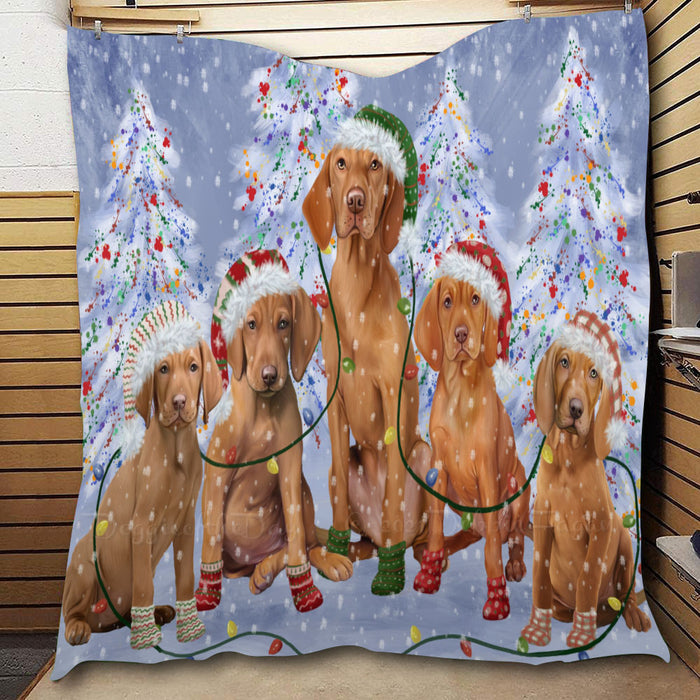 Christmas Lights and Vizsla Dogs  Quilt Bed Coverlet Bedspread - Pets Comforter Unique One-side Animal Printing - Soft Lightweight Durable Washable Polyester Quilt