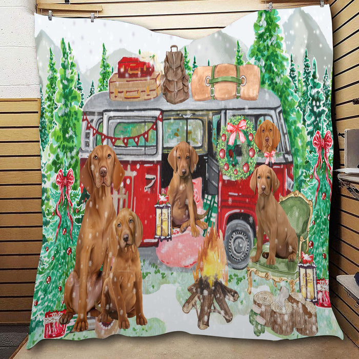 Christmas Time Camping with Vizsla Dogs  Quilt Bed Coverlet Bedspread - Pets Comforter Unique One-side Animal Printing - Soft Lightweight Durable Washable Polyester Quilt