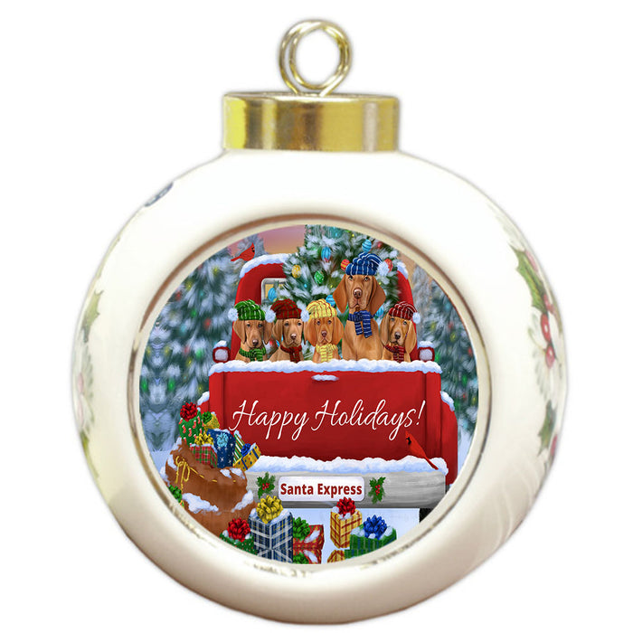 Christmas Red Truck Travlin Home for the Holidays Vizsla Dogs Round Ball Christmas Ornament Pet Decorative Hanging Ornaments for Christmas X-mas Tree Decorations - 3" Round Ceramic Ornament