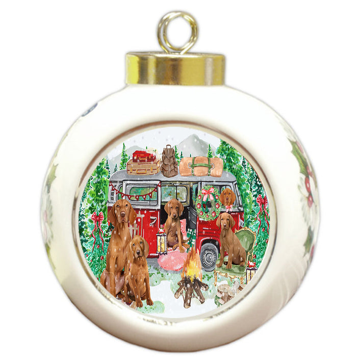 Christmas Time Camping with Vizsla Dogs Round Ball Christmas Ornament Pet Decorative Hanging Ornaments for Christmas X-mas Tree Decorations - 3" Round Ceramic Ornament