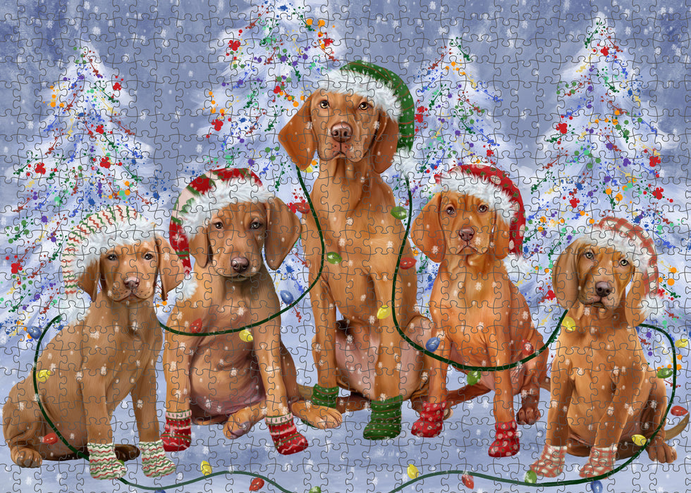 Christmas Lights and Vizsla Dogs Portrait Jigsaw Puzzle for Adults Animal Interlocking Puzzle Game Unique Gift for Dog Lover's with Metal Tin Box