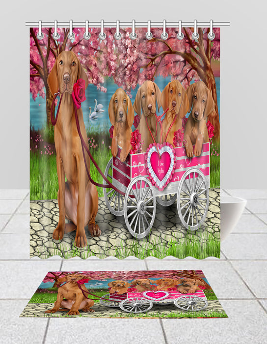 I Love Vizsla Dogs in a Cart Bath Mat and Shower Curtain Combo