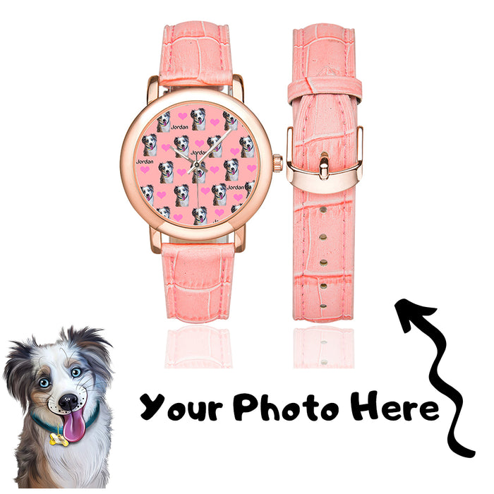 Custom Add Your Photo Here PET Dog Cat Photos on Women's Rose Gold Leather Strap Watch